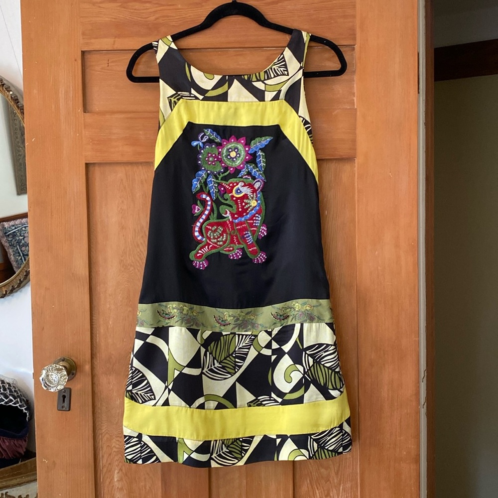Custo Barcelona Black and Yellow Embroidered Mini Dress